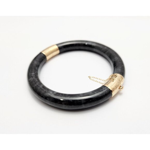14K Solid Yellow Gold Textured Black & Grey Jade Jadeite Bangle Bracelet 7" L - Picture 1 of 13